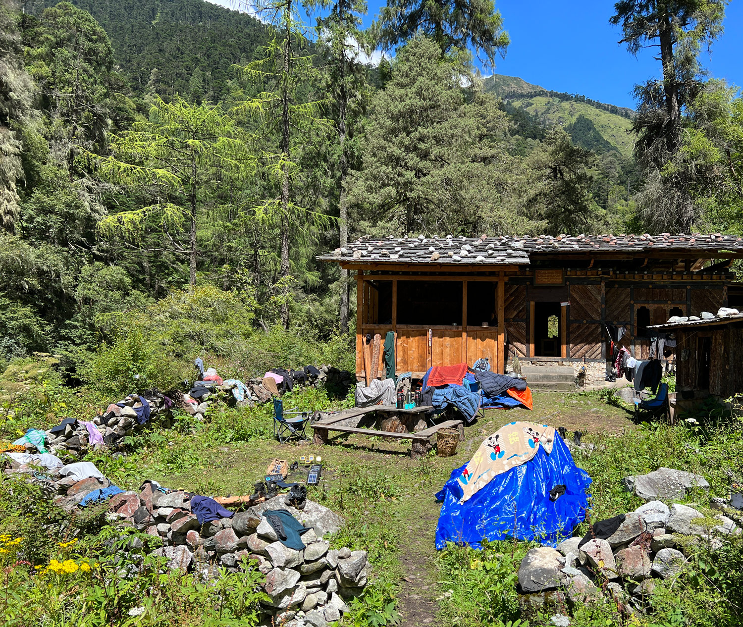 Clothes drying and solar panels charging at the Duer Hot Springs.