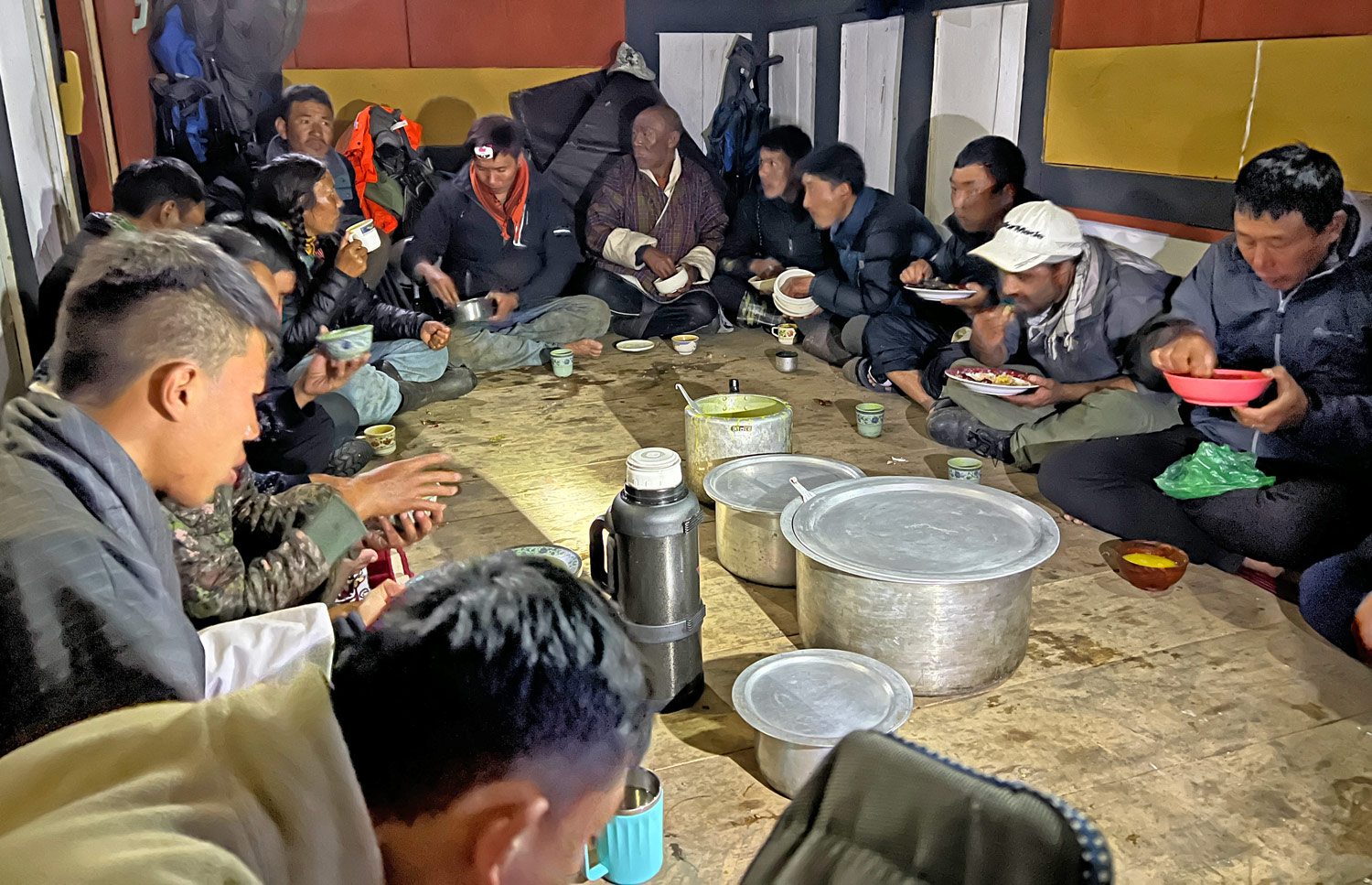 The crew having dinner together.