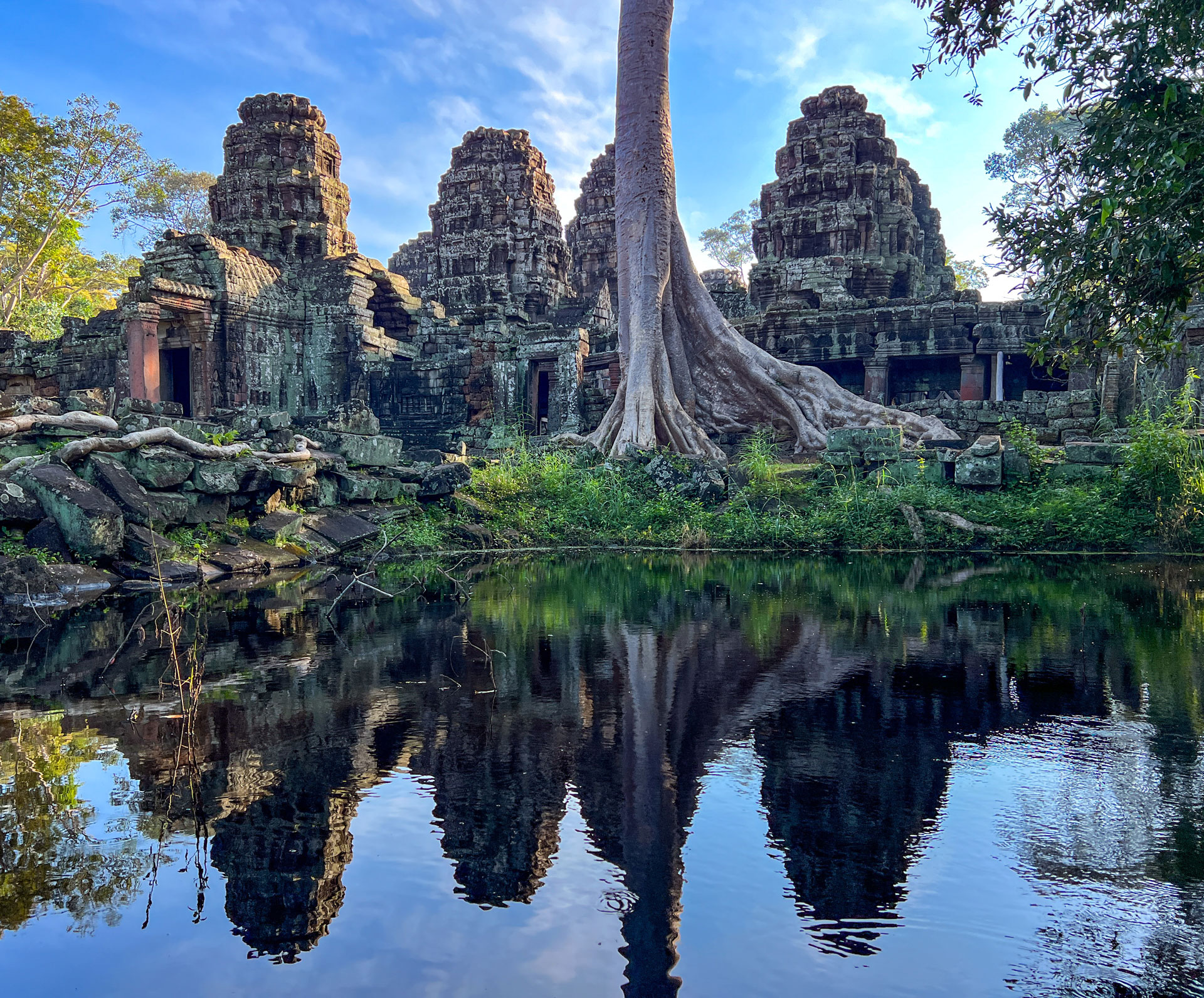 Reflection in the water of the temples at Angkor Wat.