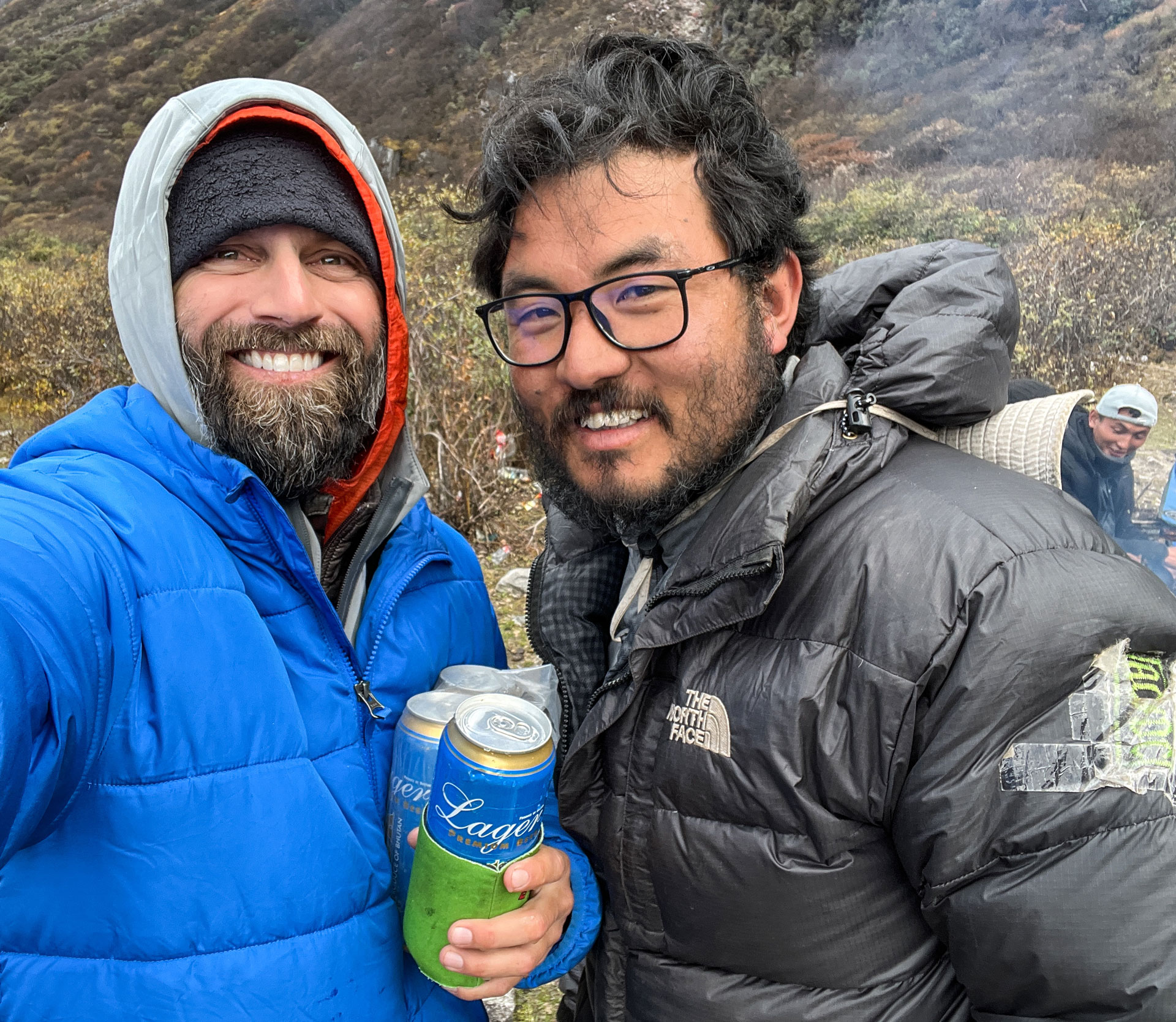 Chris and Sangay with Druk lagers.