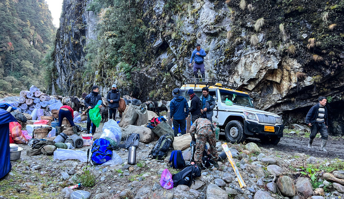 Loading gear at the start of the trek.